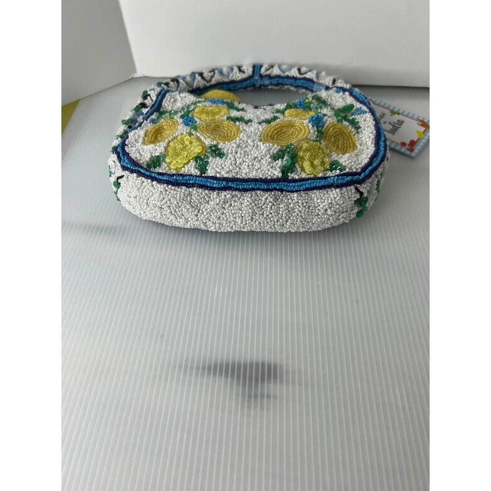 Handcrafted Beaded Lemon Mini Bag White Blue Yellow Citrus Fruit Hobo Handbag